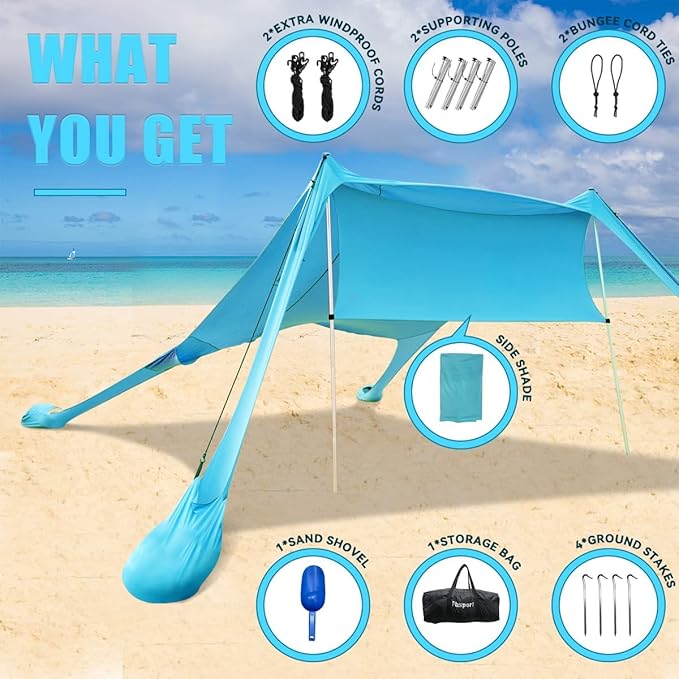 FBSPORT Beach Tent Sun Shelter, Portable Beach Shade Canopy UPF50+ with Sandbags for Outdoor Family Camping, Fishing, Backyard Fun, Picnic, 7 x 7ft