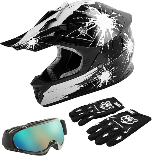 TCT-MOTORPARTS DOT Youth Kids Motocross ATV Helmets Offroad Street Dirt Bike Go-Kart BMX MX Full Face Helmet Black w/White Fireworks Large Size