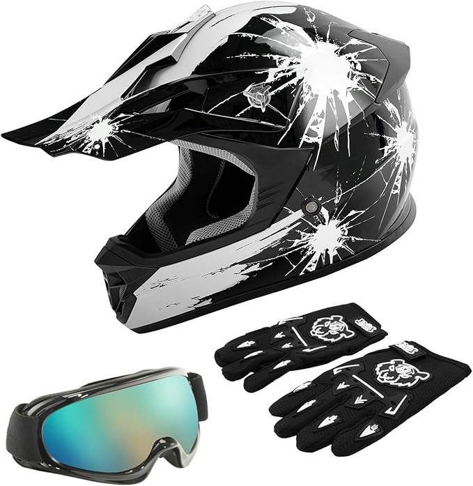 TCT-MOTORPARTS DOT Youth Kids Motocross ATV Helmets Offroad Street Dirt Bike Go-Kart BMX MX Full Face Helmet Black w/White Fireworks X-Large Size