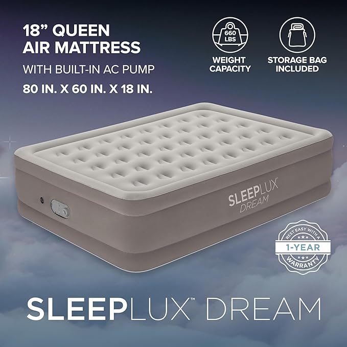 SLEEPLUX Dream Luxury Queen Air Mattress, Built-in Dual Pump, Stays Inflated All Night, 18” Double-High Blow-Up Airbed with Coil Beams, for Guests, RV Camping & Home, 1-Year Warranty