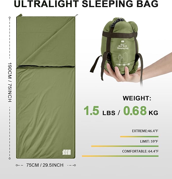 Ultralight Warm Weather Sleeping Bag - Portable, Waterproof, Compact Lightweight, Comfort with Compression Sack - Great for Outdoor Camping, Backpacking & Hiking