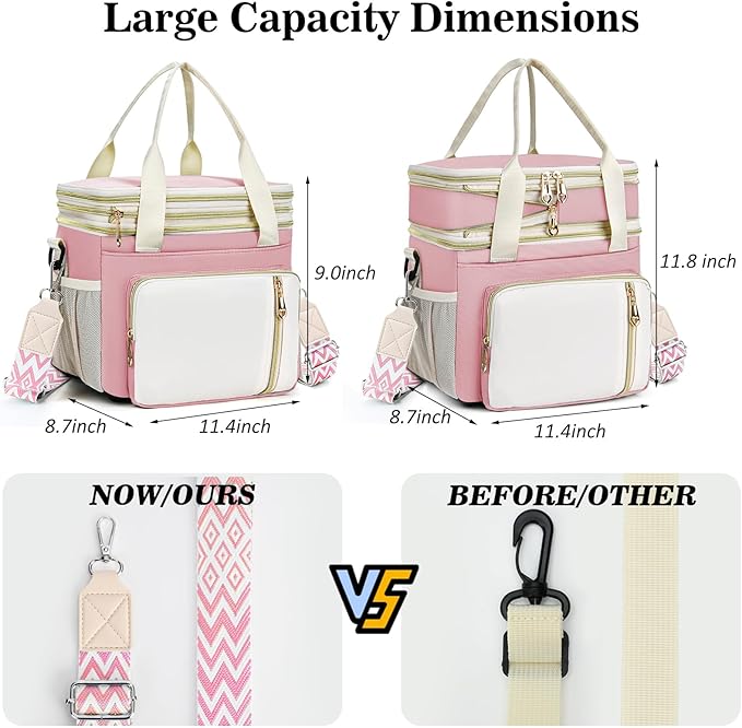 LOKASS Lunch Box for Women-16L-Insulated Lunch Bag Women, Expandable Double-layer Leakproof Cooler Bag with Upgrade Adjustable Shoulder Strap Ideal for Work/Travel/Picnics（Pink&White）