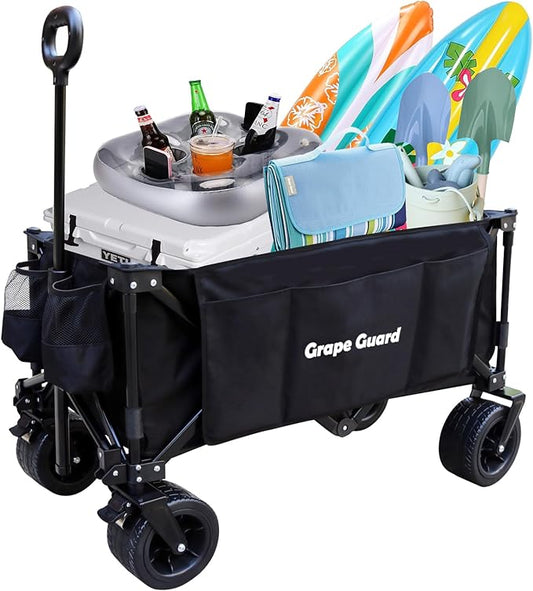 Collapsible Beach Wagon Garden Cart with All-Terrain Big Wheels, 220LBS Heavy Duty Foldable Utility Wagon with Adjustable Handle & Cup Holders, 200L Capacity for Outdoor Camping, Black