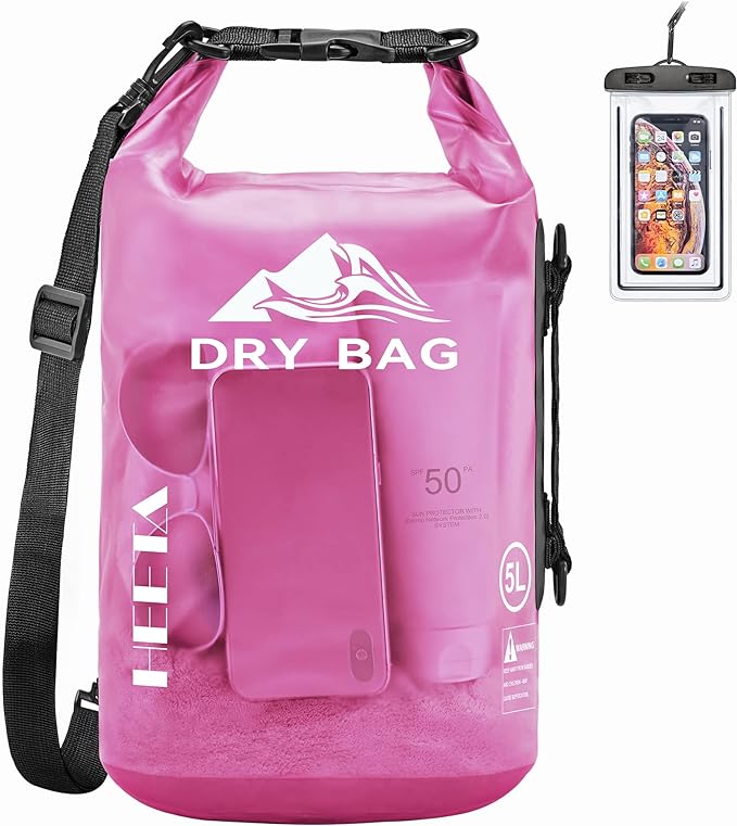 HEETA Dry Bag Waterproof for Women Men, 5L/10L/20L/30L/40L Roll Top Lightweight Dry Storage Bag Backpack with Phone Case for Travel, Swimming, Boating, Kayaking, Camping & Beach, 11 Transparent Colors