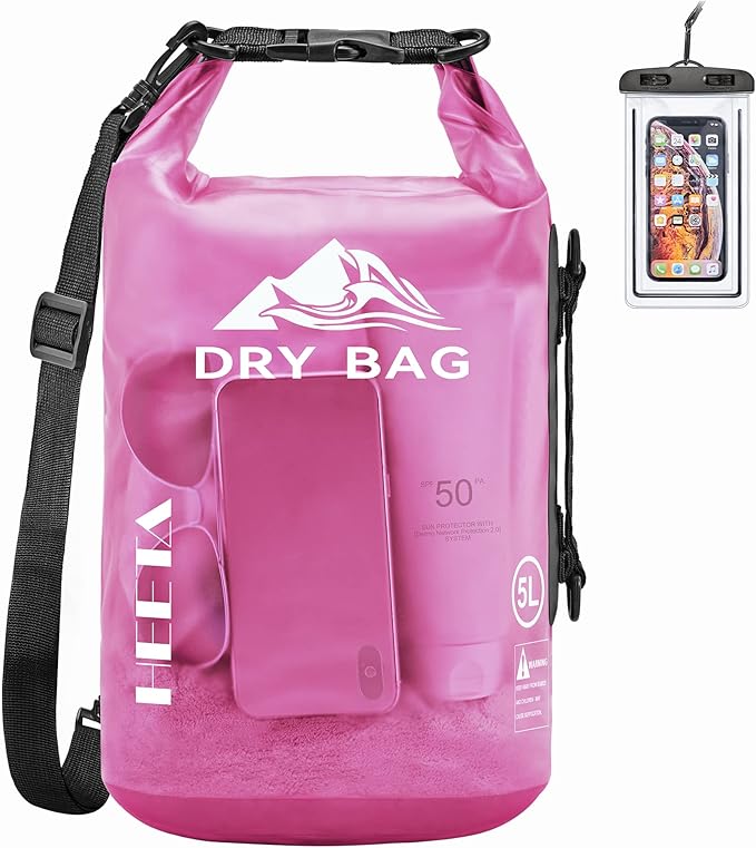 HEETA Dry Bag Waterproof for Women Men, 5L/10L/20L/30L/40L Roll Top Lightweight Dry Storage Bag Backpack with Phone Case for Travel, Swimming, Boating, Kayaking, Camping & Beach, 11 Transparent Colors