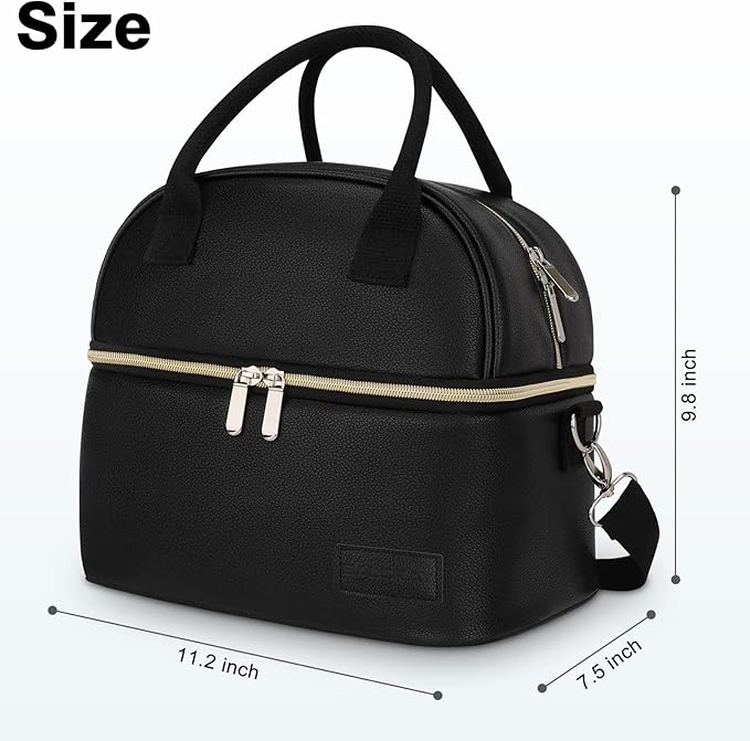 BALORAY Lunch Bag for Women Men, Double Deck Lunch Box for Adults, PU Leather Lunch Tote Bag Insulated Lunch Bags with Strap for Work Office Picnic