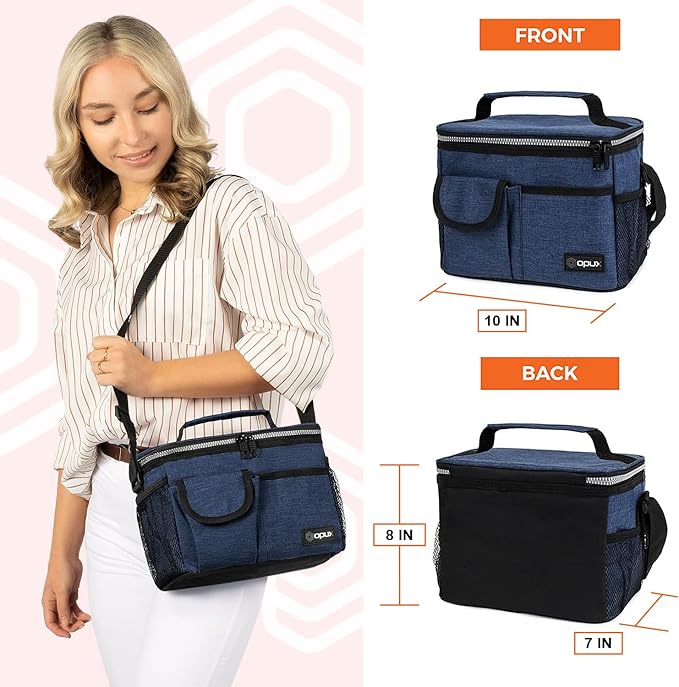 opux Insulated Lunch Bag for Men Women, Leakproof Heather Navy Lunch Box for Work, Portable Soft Lunch Cooler Bag with Shoulder Strap, Adult Lunchbox Lunch Pail for Kid Boy Girl School, 14 Can/8L