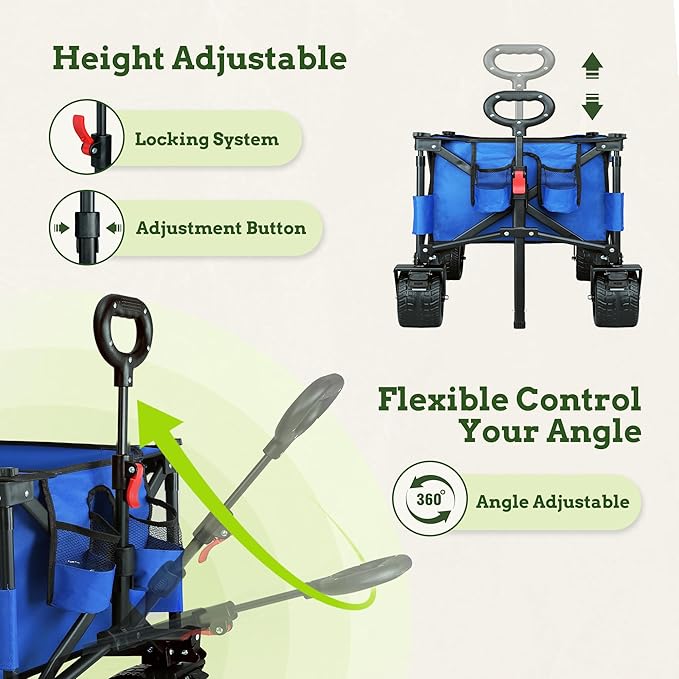 LUXCOL Collapsible Folding Wagon, Heavy Duty Utility Beach Wagon Cart for Sand with Big Wheels, Adjustable Handle&Drink Holders for Shopping, Camping,Garden and Outdoor
