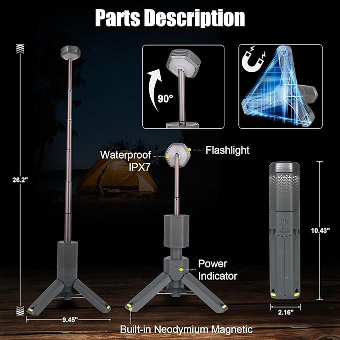 Camping Lantern Rechargeable - Multifunction LED Lantern Battery Powered 10500mAh- Portable Camping Lamp and Flashlight - Telescoping Camp Lights for Hiking,Camping,Emergency Lighting Gray