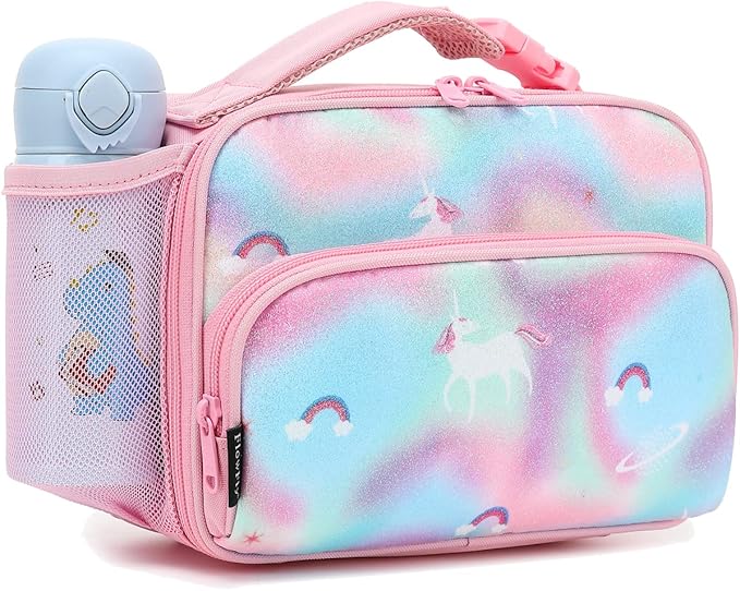 FlowFly Kids Lunch box Insulated Soft Bag Mini Cooler Back to School Thermal Meal Tote Kit for Girls, Boys,Glitter-Unicorn