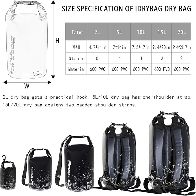 IDRYBAG Dry Bags for Kayaking Waterproof 2L/5L/10L/15L/20L, Small Dry Bag Waterproof Floating, Dry Sack Waterproof Bag for Paddleboarding Travel