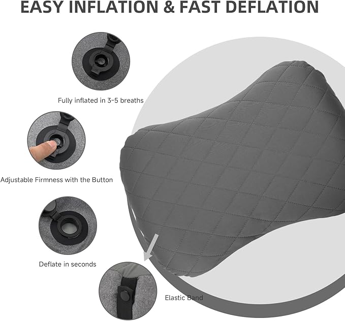 Inflatable Camping Pillow Ultralight Adjustable Firmness, TPU Travel Pillow for Neck & Lumbar Support, Hiking, Backpacking, Airplane, Car Travel & Beach with Removable Washable Cover (Grey)