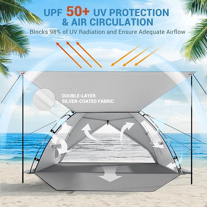 Elegear Beach Tent Sun Shelter with Canopy, 4-5 Person Pop Up Beach Tent, Easy Setup UPF 50+ UV Protection Portable Lightweight Double Silver Coating Cabana Sun Shade Shelter - Silver