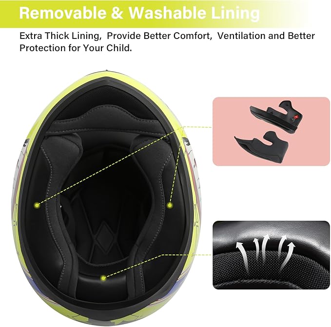 TCT-MOTORPARTS DOT Youth Four Wheeler Helmet Kids Motocross ATV Helmet Full Face Helmets for Offroad Street Dirt Bike Go-Kart BMX MX Snowmobile Skateboard Yellow Shark Mouth Large