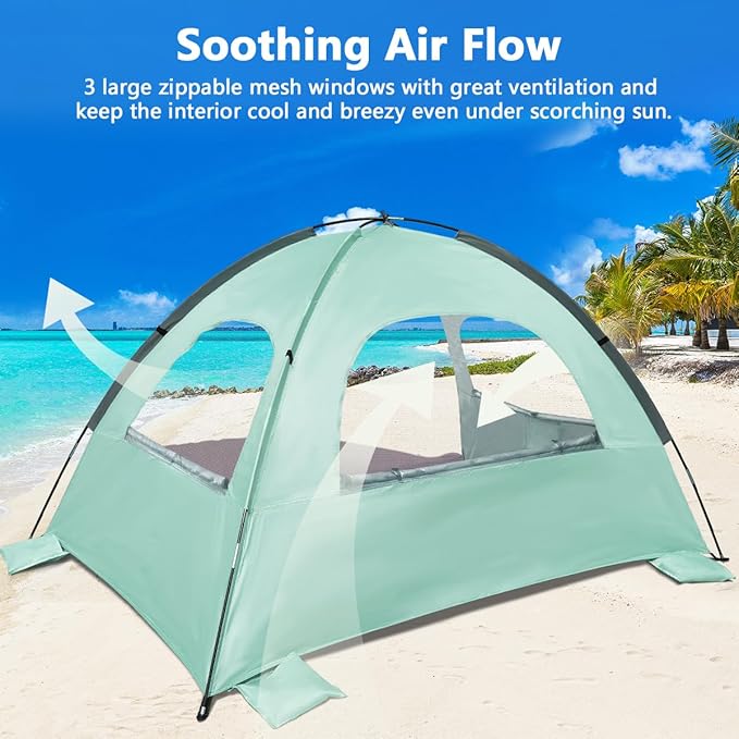 NXONE Beach Tent Sun Shade Shelter for 6 Person with UV Protection, Extended Floor, 3 Mesh Roll Up Windows & 8.5mm Fiberglass Rods丨Carry Bag Included (Mint Green)