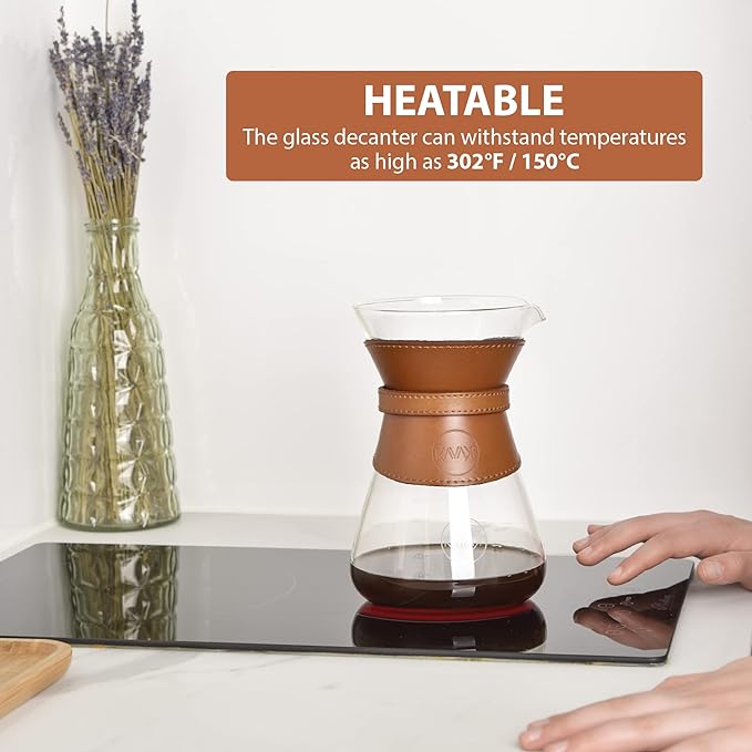 Pour Over Coffee Maker Set with Double-Layer Stainless Steel Filter, Coffee Dripper, Cork Lid and Leather Collar Holder - High Heat Resistance Borosilicate Glass Carafe, Great Gift Idea (37 oz)