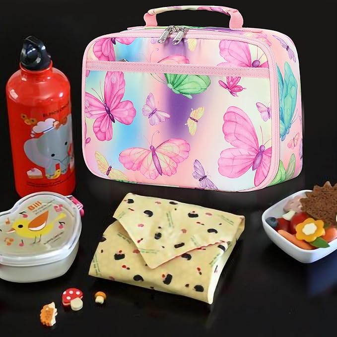 Kids Lunch Box Girls Boys Insulated Lunch Cooler Bag Reusable Lunch Tote Kit for School Travel (Butterfly)