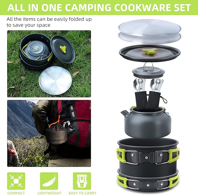 LIXADA 16pcs Camping Cookware Mess Kit, Non-Stick Lightweight Pot Pan Kettle Set with Stainless Steel Plates Forks Knives Spoons, Portable Camping Cooking Set for Outdoor Backpacking Hiking Picnic