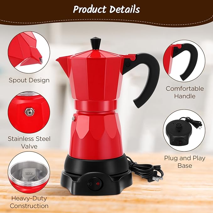 Coffee Pot 6 Cup Electric Espresso Coffee Maker Italian Moka Maker 300ml Portable Aluminum Espresso Machine Cafetera Moka Pot with Detachable Base, Gift for Home Travel(Red)