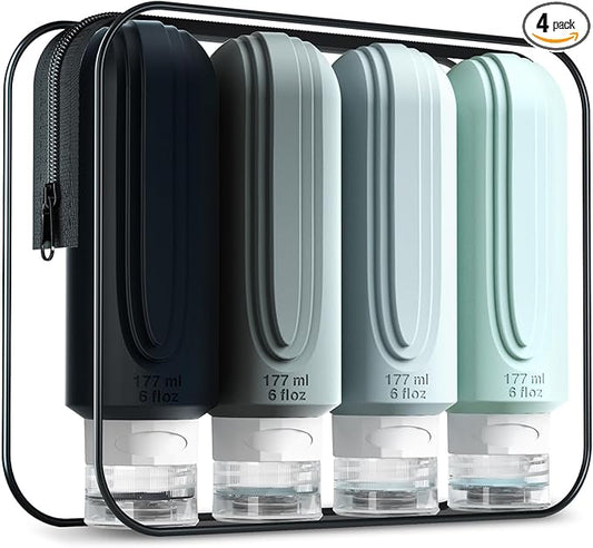 Travel Bottles for Toiletries, Large 6oz Oversize Containers, BPA Free Leak Proof Tubs Refillable Liquid Travel Accessories with Toiletry Bag for Cometic Shampoo and Lotion Soap (4 Pack)
