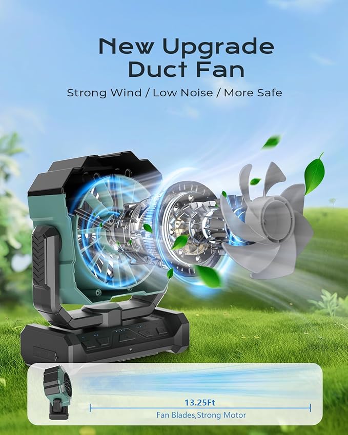 24000mAh Battery Operated Portable Misting Fan with 8M Remote Control, 4 Wind Speeds, 300ml Water Capacity, 3 Lighting Modes, Ideal for Camping, Outdoor & Industrial Use-Cyan01