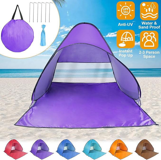 Pop Up Beach Tent for 2-3 Person, UPF50+ Anti-UV Sun Shelter w/Storage Bag, Portable Waterproof Instant Sun Shade Canopy for Outdoor Beach Camping Hiking Travel Family, Purple