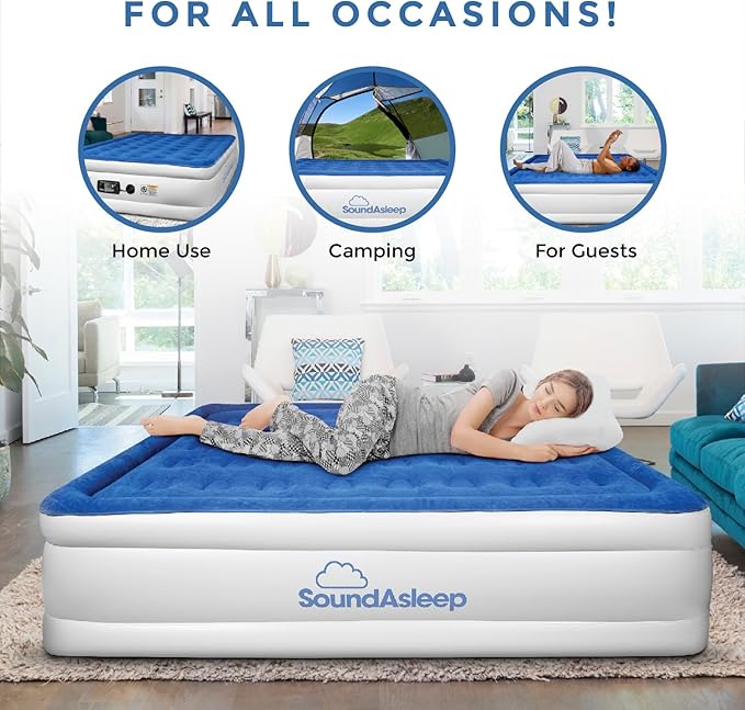 SoundAsleep Products Dream Series Luxury Air Mattress, ComfortCoil Technology, Built-in High Capacity Pump for Home, Camping- Double Height, Adjustable, Inflatable Blow Up, Portable (Full Size)