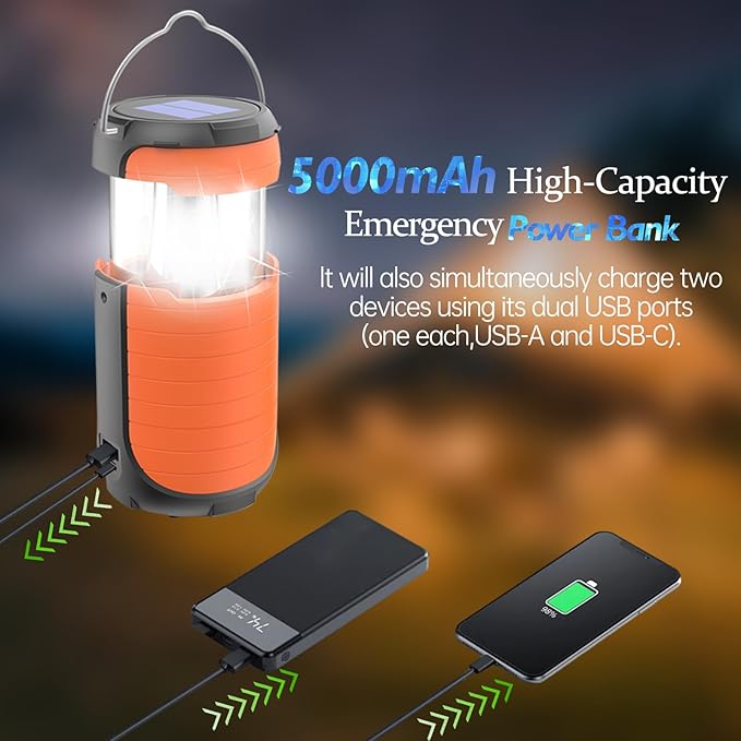 Battery Operated Camping Light Rechargeable, Manual Crank Generator/Solar Panel/USB-C Charging, 5000mAh Power Bank Foldable LED Tent Light, Power Outage, Outdoor Emergency Survival Essentials (Orange)