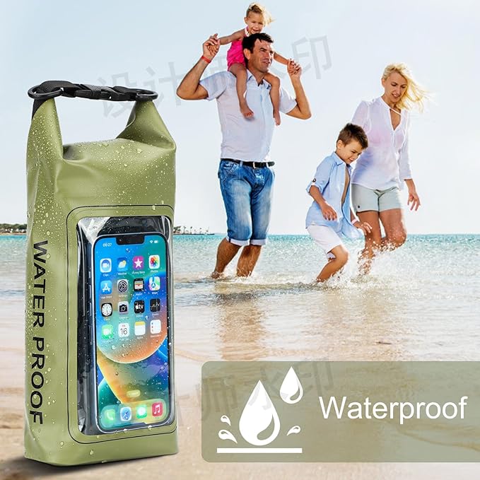 Waterproof Dry Bag, Beach Phone Bag 2L Roll Top Waterproof Backpack w/Phone Case/Pouch, Lightweight Dry Storage for Travel Swimming Boating Kayaking Camping Beach Fishing Rafting (Green)