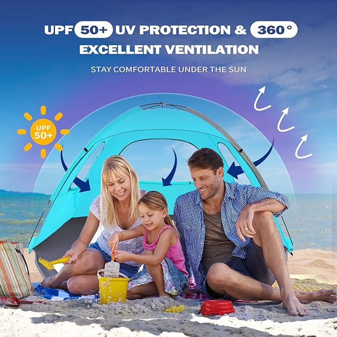 Beach Tent for 3-4 People, UPF50+ Sun Shelter with Breathable 3-Way Ventilation, 8.0mm Reinforced Fiberglass Poles, Portable Shade Canopy for Beach & Camping (Green)
