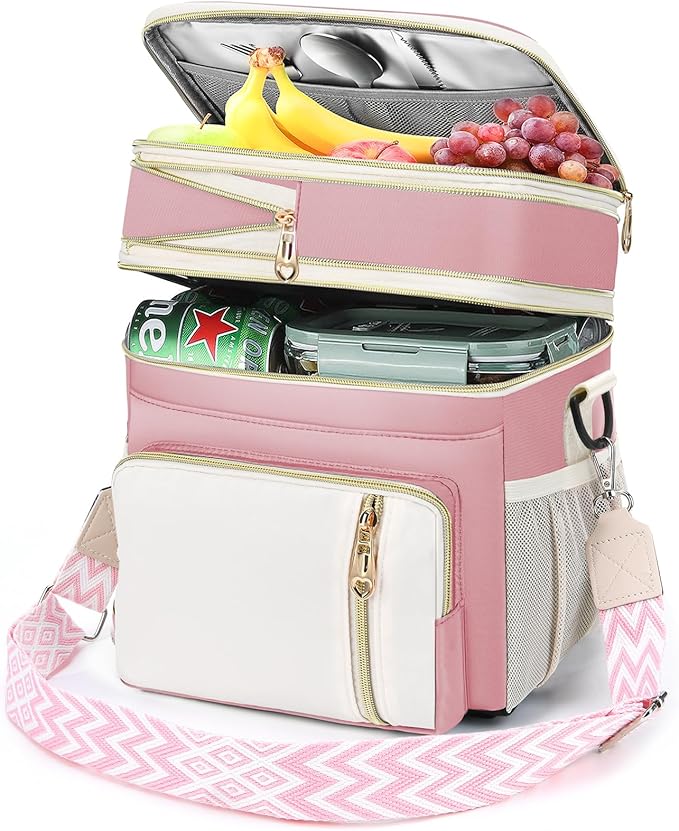 LOKASS Lunch Box for Women-16L-Insulated Lunch Bag Women, Expandable Double-layer Leakproof Cooler Bag with Upgrade Adjustable Shoulder Strap Ideal for Work/Travel/Picnics（Pink&White）