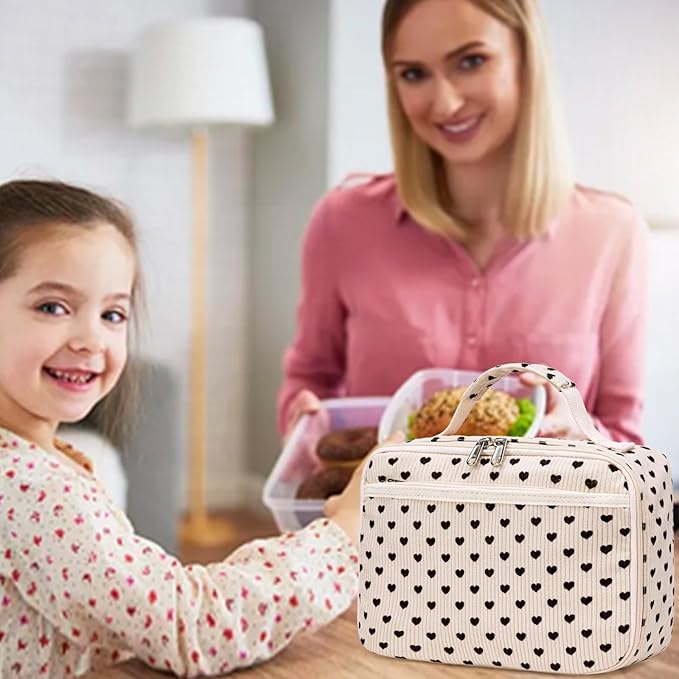 Kids Lunch Box Girls Corduroy Insulated Lunch Cooler Bag Reusable Lunch Tote Kit for School Travel(Heart)