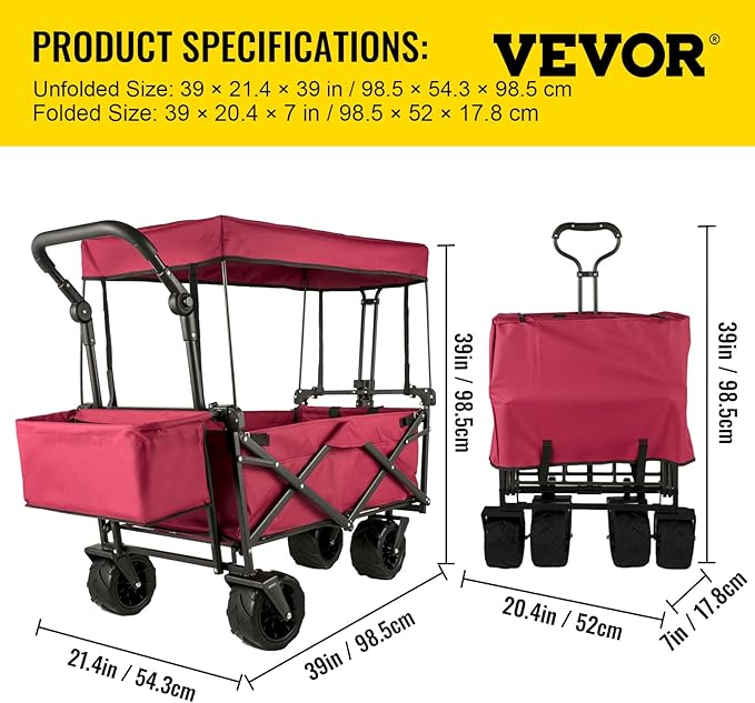 Happbuy Collapsible Wagon with Removable Canopy, 220lbs Heavy Duty Foldable Beach Wagon with Big Wheels