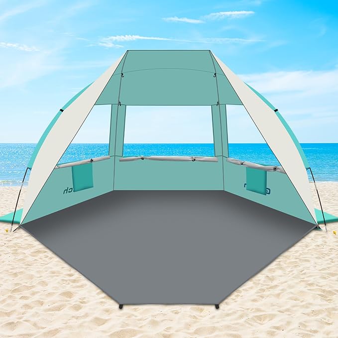 Gorich Portable Beach Tent for 3-7 Person with UPF 50+ UV Protection, Lightweight & Foldable Sun Shelter with 5 Sand Bags, Easy Setup Windproof Beach Umbrella Sun Shade