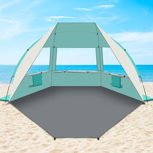 Gorich Portable Beach Tent for 3-7 Person with UPF 50+ UV Protection, Lightweight & Foldable Sun Shelter with 5 Sand Bags, Easy Setup Windproof Beach Umbrella Sun Shade