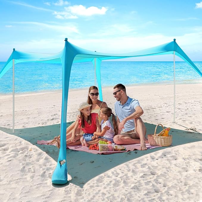 Beach Tent - 10 x 10 FT Beach Canopy, Portable Beach Tent Sun Shelter UPF50 with 4 Sandbags, Stability Poles Ground Pegs and Anti-Wind Ropes, Outdoor Beach Shade Canopy for Camping, Light Blue