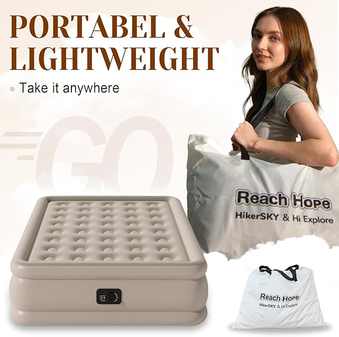 Air Mattress Queen with Built in Pump, Self-Inflatable Queen Size Air Mattress, Blow Up Double Bed with Storage Bag, Colchones Inflables Air Bed for Indoor & Outdoor.(18" Queen, Khaki)