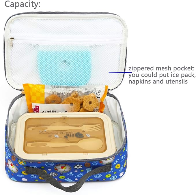 FlowFly Kids Lunch box Insulated Soft Bag Mini Cooler Back to School Thermal Meal Tote Kit for Girls, Boys,football