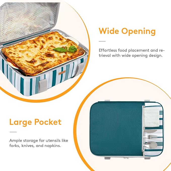 Insulated Casserole Carrier for Hot or Cold Food, Lasagna Lugger Tote for Potluck Parties/Picnic/Cookouts, Fits 9"x13" Baking Dish, Green