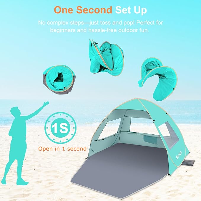 Gorich Easy Pop Up Beach Tent for 3-4 Person, UPF 50+ UV Protection Beach Umbrella Sun Shelter, Portable Lightweight Cool Cabana Shade with Easy Foldable & Instant Setup