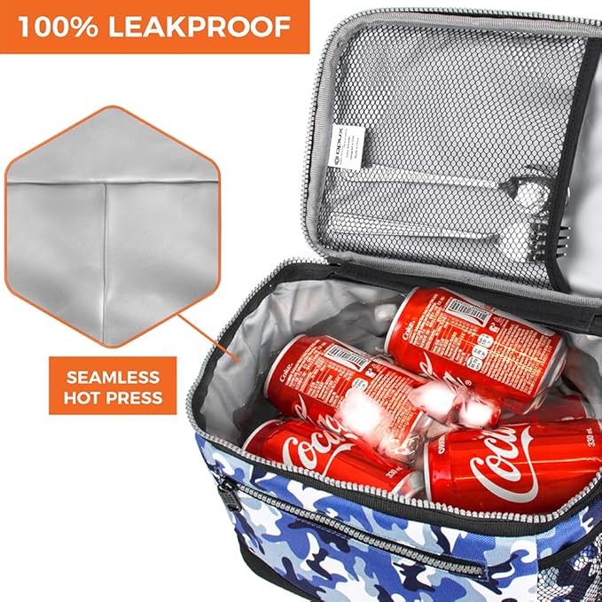 opux Insulated Lunch Box Men Women, Lunch Bag for Work School, Leakproof Soft Cooler Tote Adult, Large Lunch Pail Kids Boys Girls, Picnic Beach Food Bag with Shoulder Strap, Camo Blue