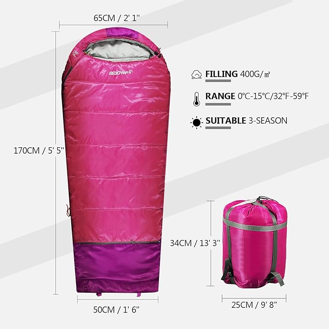 REDCAMP Kids Mummy Sleeping Bag for Camping, 3 Season Cold Weather Sleeping Bag Fit Boys,Girls & Teens, Blue/Rose Red