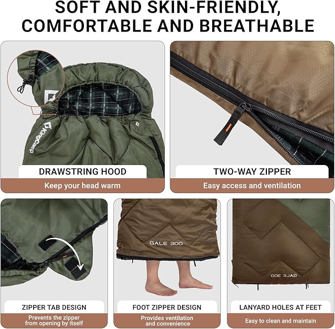 KingCamp Sleeping Bag for Adults, Cold Weather & Warm XL Big and Tall Flannel Sleeping Bags with Compression Sack Portable Waterproof Essentials Gear Accessories for Outdoor Camping