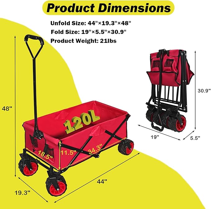 Collapsible Foldable Wagon Cart, Heavy Duty Folding Wagon with Big All-Terrain Beach Wheels, Portable Utility Garden Cart with 330lbs Weight Capacity for Camping Fishing & Outdoor Use