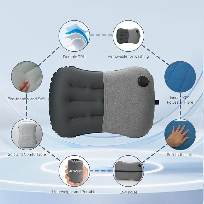 Inflatable Camping Pillow Ultralight Adjustable Firmness, TPU Travel Pillow for Neck & Lumbar Support, Hiking, Backpacking, Airplane, Car Travel & Beach with Removable Washable Cover (Blue)