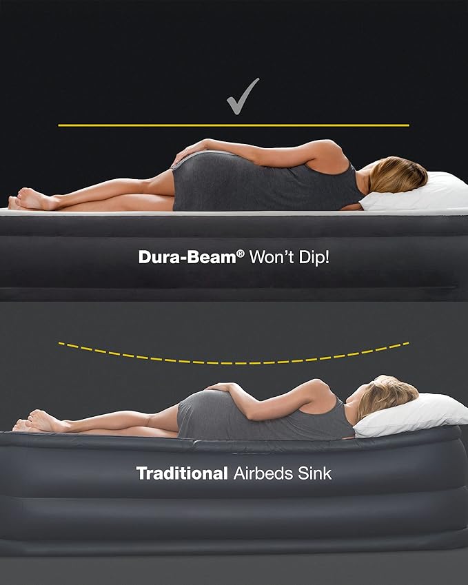 Intex 64159E Dura-Beam Plus Mid-Rise Air Mattress: Fiber-Tech - Queen Size - Built-in USB Electric Pump - 14in Bed Height - 600lb Weight Capacity