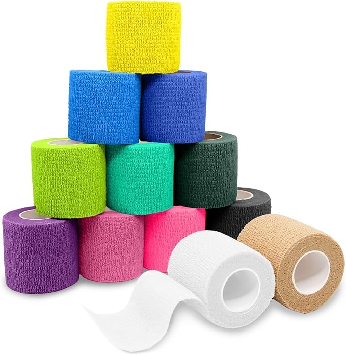 FriCARE Self Adhesive Bandage Wrap, Medical Tape in First Aid Kit, Cohesive Bandages for Wounds Sport Vet, FSA/HSA Eligible, 2 Inches X 5 Yards 12 Rolls, Energetic
