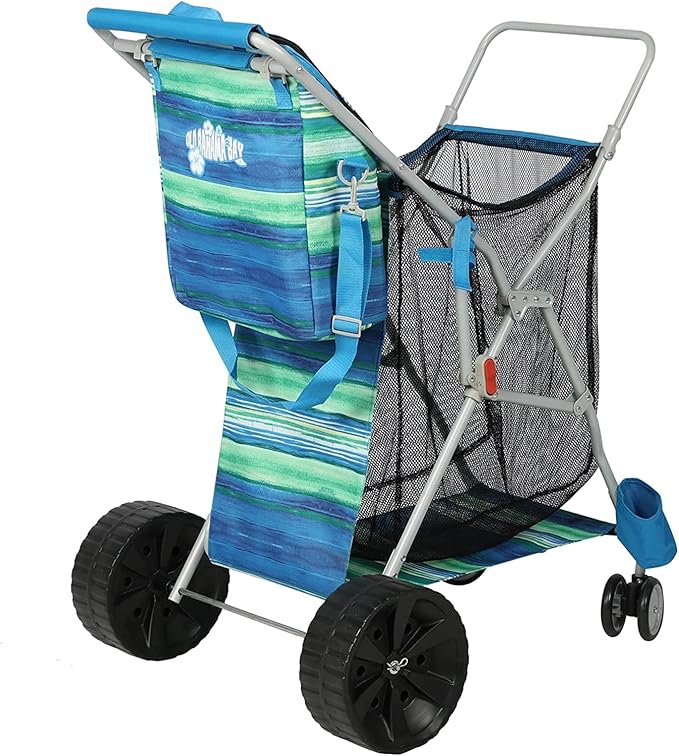 Beach Cart with Big Wheels for Sand, Collapsible All-Terrain Beach Wagon with Cooler Bag & Umbrella Holder, Large Mesh Storage, Supports 100lbs for Camping, Outdoor, Shopping, Dark Blue