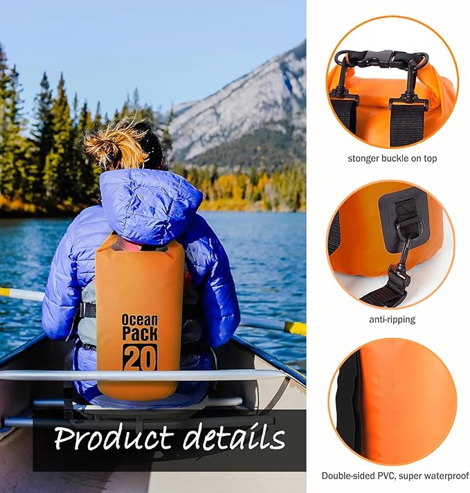 Floating Waterproof Dry Bag Backpack 5L/10L/20L, Roll Top Bag for Kayaking, Rafting, Boating, Swimming, Camping, Hiking, Beach, Fishing, Waterproof Beach Bag. (Orange, 20L)