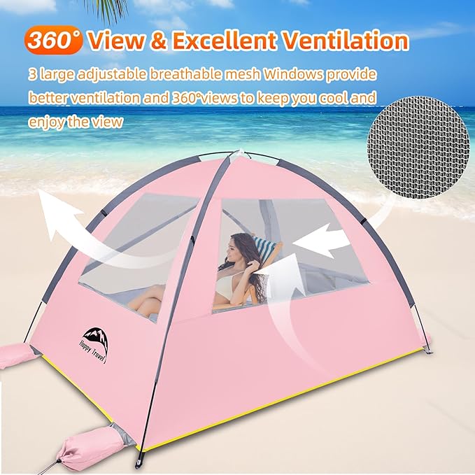 Happy Travel Beach Tent Sun Shelter for 3/4/5/6/7/8 Person, Portable UPF 50+ UV Protection Beach Shade Canopy for Family & Baby, Lightweight & Easy Setup Beach Cabana with 3 Ventilation Mesh Windows
